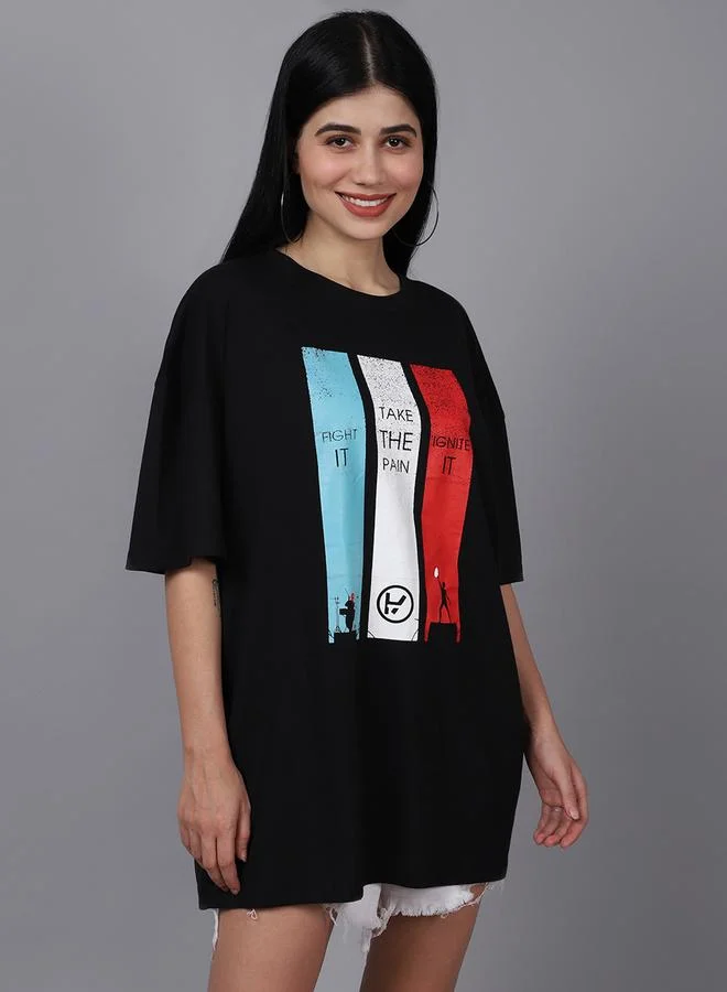 Styli Women Black Oversized Graphic Print T-Shirt By Door74