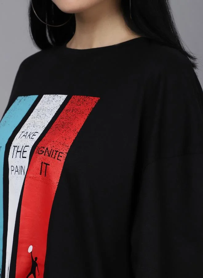 Styli Women Black Oversized Graphic Print T-Shirt By Door74