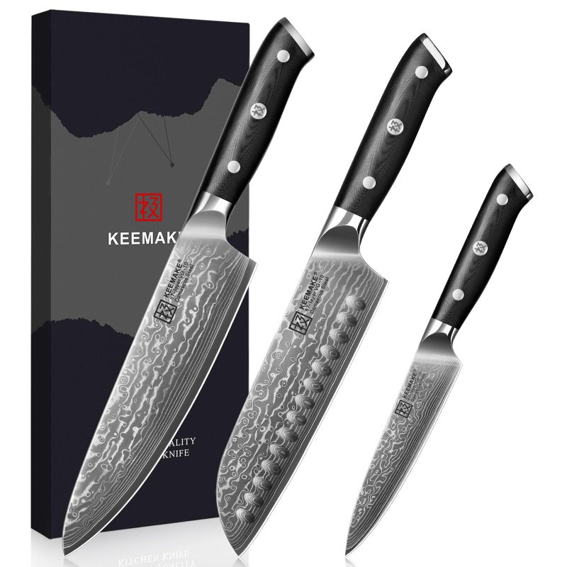 KEEMAKE Damascus Kitchen Knife Set 3 PCS, Sharp Knives Set for Kitchen, 67 Layers Damascus Chef Knives, Japanese Knife Sets with Full Tang Ergonomic Handle, Kitchen Knives for Meat Vegetable - Image 1