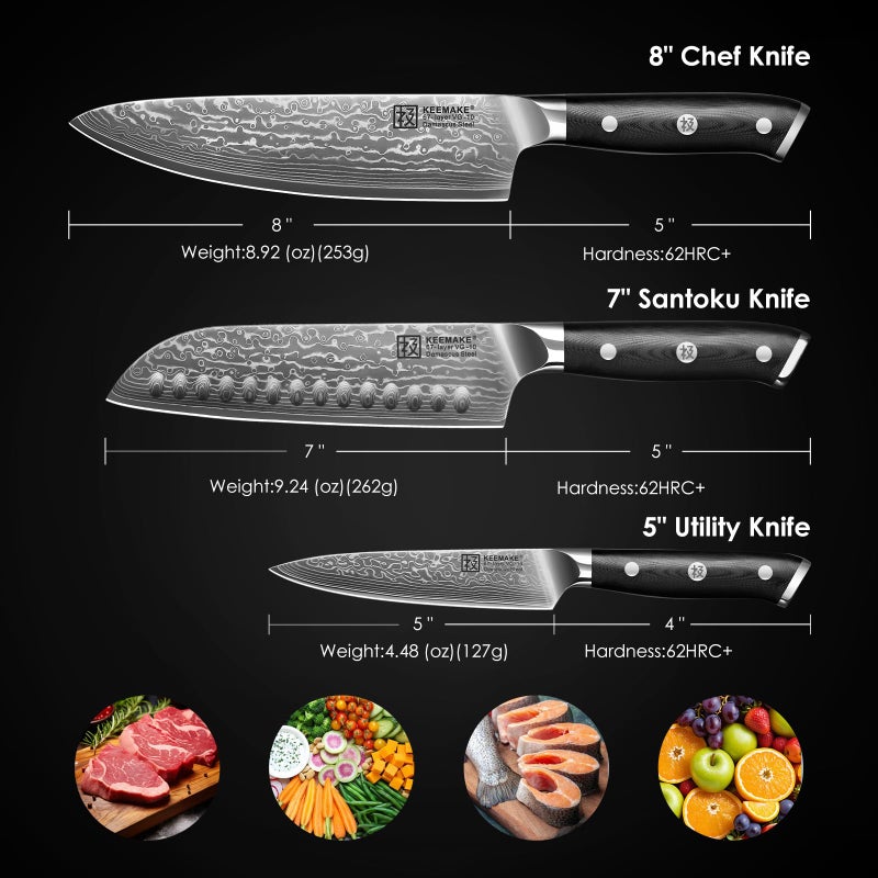 KEEMAKE Damascus Kitchen Knife Set 3 PCS, Sharp Knives Set for Kitchen, 67 Layers Damascus Chef Knives, Japanese Knife Sets with Full Tang Ergonomic Handle, Kitchen Knives for Meat Vegetable - Image 2