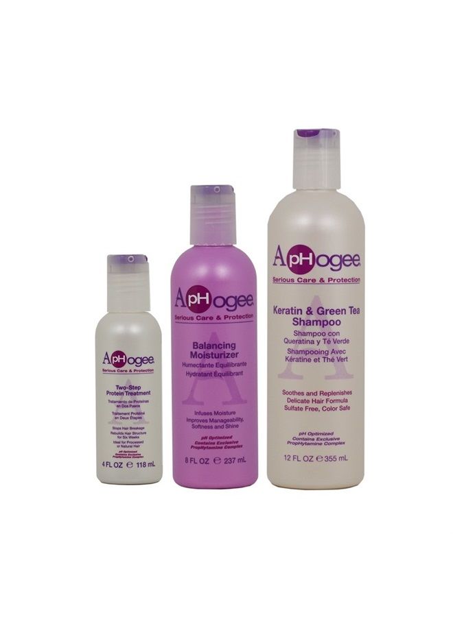 ApHogee Two-Step Protein Treatment 4oz + Balancing Moisturizer 8oz + Keratin & Green Tea Shampoo 12oz"Set"