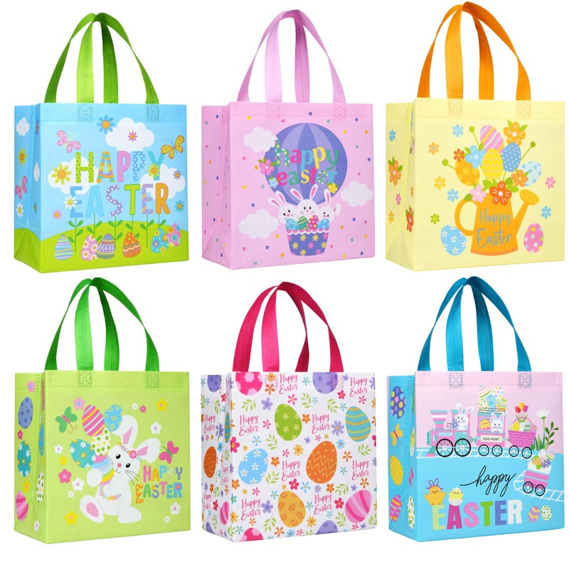 SUNCOLOR Easter Gift Bags, 6 Pack Non-Woven Tote Bags with Bunny Design, 9x9x4.7 Inch, Reusable Party Supplies for Kids Egg Hunt Games - Image 1