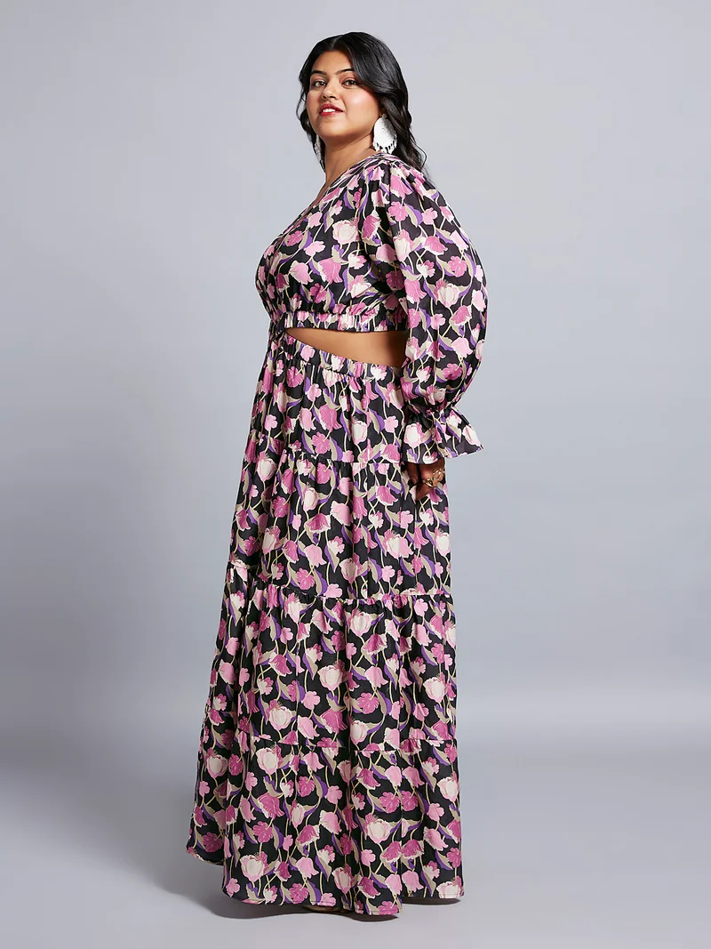 globus Globus Gloplus Women Floral V-Neck Bishop Sleeves Cut-Out Tiered Fit & Flare Plus Size Dress