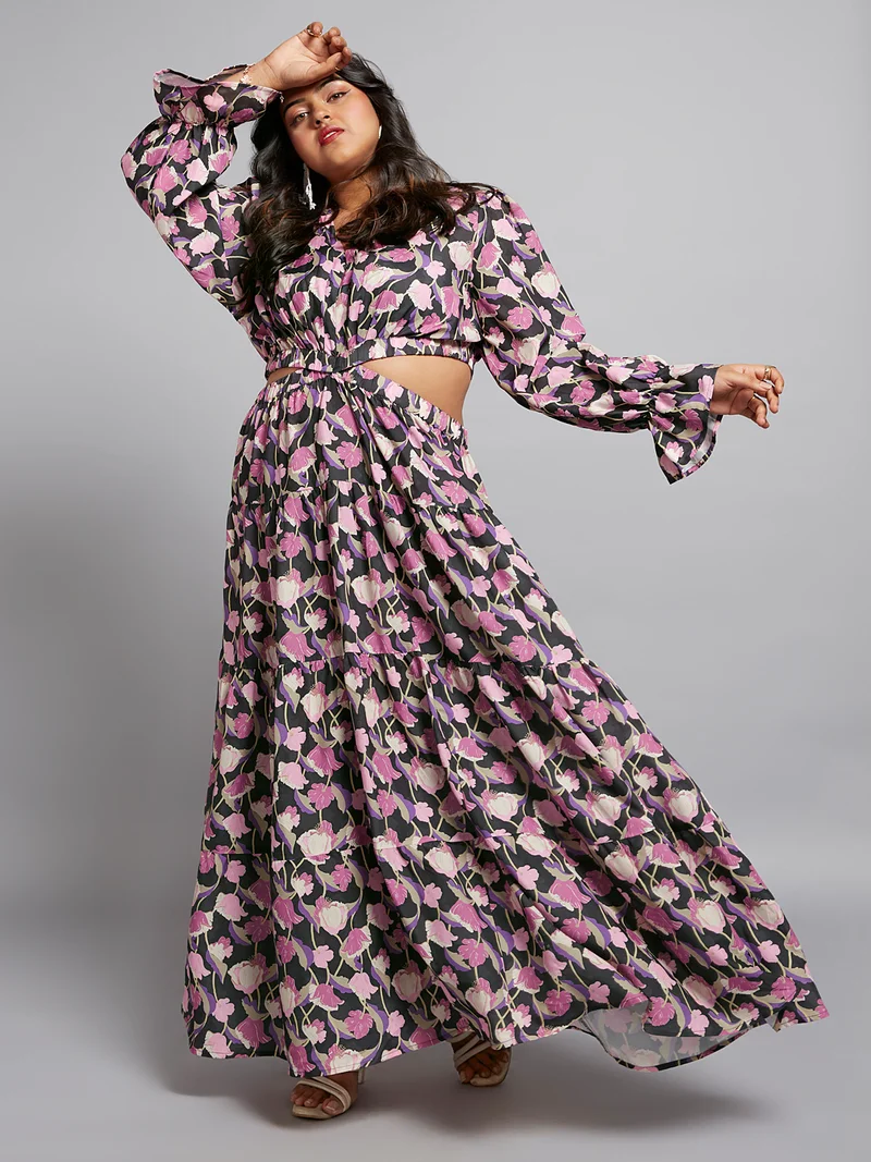 globus Globus Gloplus Women Floral V-Neck Bishop Sleeves Cut-Out Tiered Fit & Flare Plus Size Dress