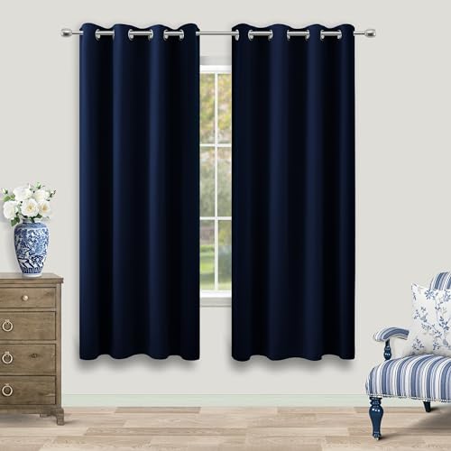 KOUFALL Navy Blue Black Out Curtains 63 Inch Long 2 Panels BurgThermal Insulated Pair Grommet Total Blackout Window Shades Light Blocking Dark Curtains for Living Room Kids Children Boy Bedroom 63 Length