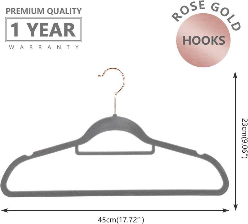 MIZGI Premium Velvet Hangers - Pack of 50 -Gray - Copper/Rose Gold Hooks - Non-Slip Suit Hangers, Clothes Hangers Bonus Accessory Tie Bar for Suits, Pants, Dresses, one size - Image 2