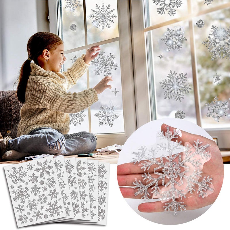 Hoshin Glitter Snowflake Window Clings Christmas Window Decals for Glass Winter Xmas Navidad Decorations 190 Pcs Sliver 