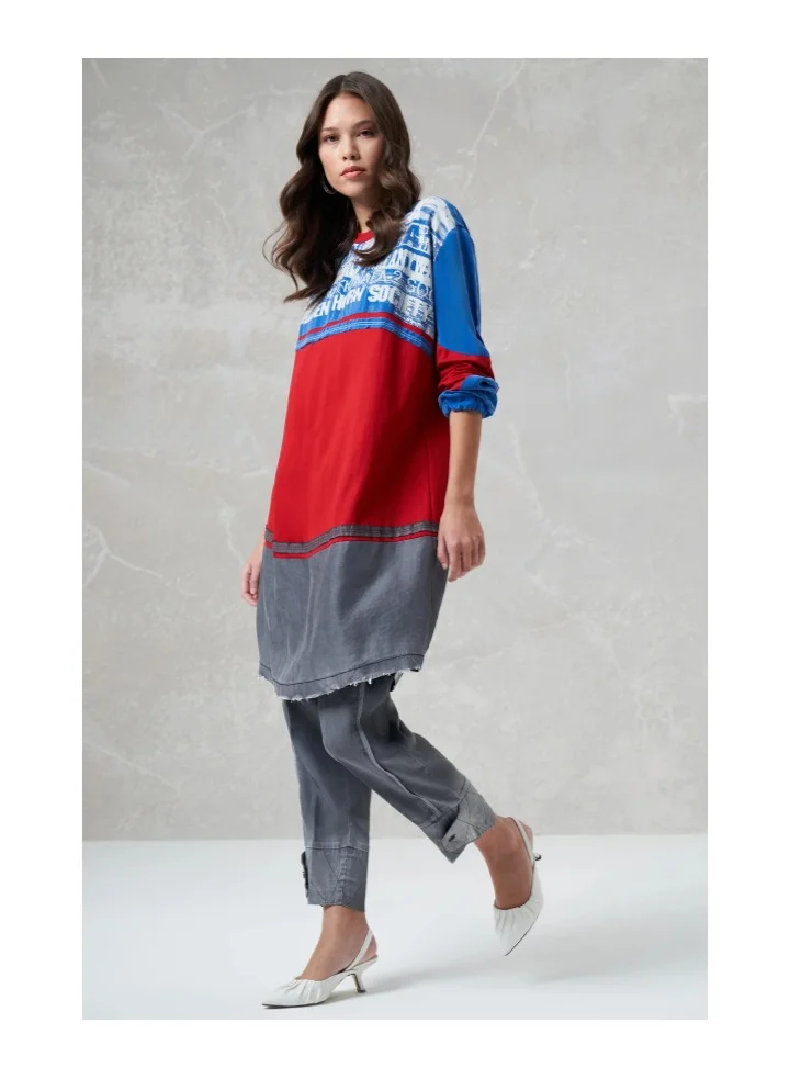 Graphic Panel Raw-Hem Longline Tunic - Blue