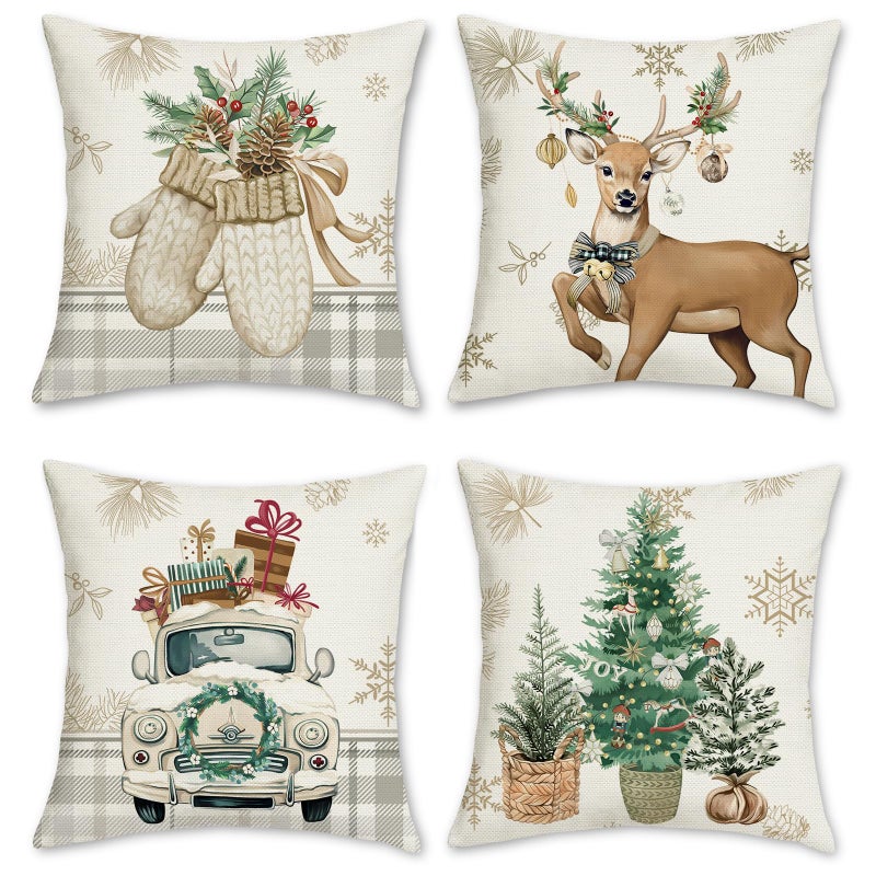 Bonhause Winter Christmas Throw Pillow Covers 18x18 Inch Reindeer Xmas Tree Truck Gloves Winter Holiday Decorative Pillows for Sofa Couch Home Decor Set of 4 - Image 2
