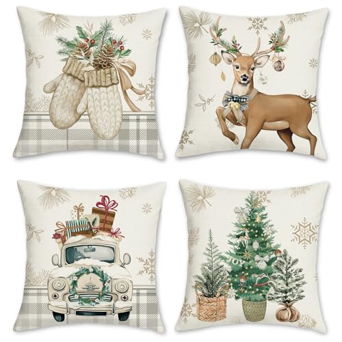 Bonhause Winter Christmas Throw Pillow Covers 18x18 Inch Reindeer Xmas Tree Truck Gloves Winter Holiday Decorative Pillows for Sofa Couch Home Decor Set of 4 - Image 1
