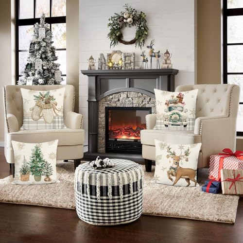 Bonhause Winter Christmas Throw Pillow Covers 18x18 Inch Reindeer Xmas Tree Truck Gloves Winter Holiday Decorative Pillows for Sofa Couch Home Decor Set of 4 - Image 3