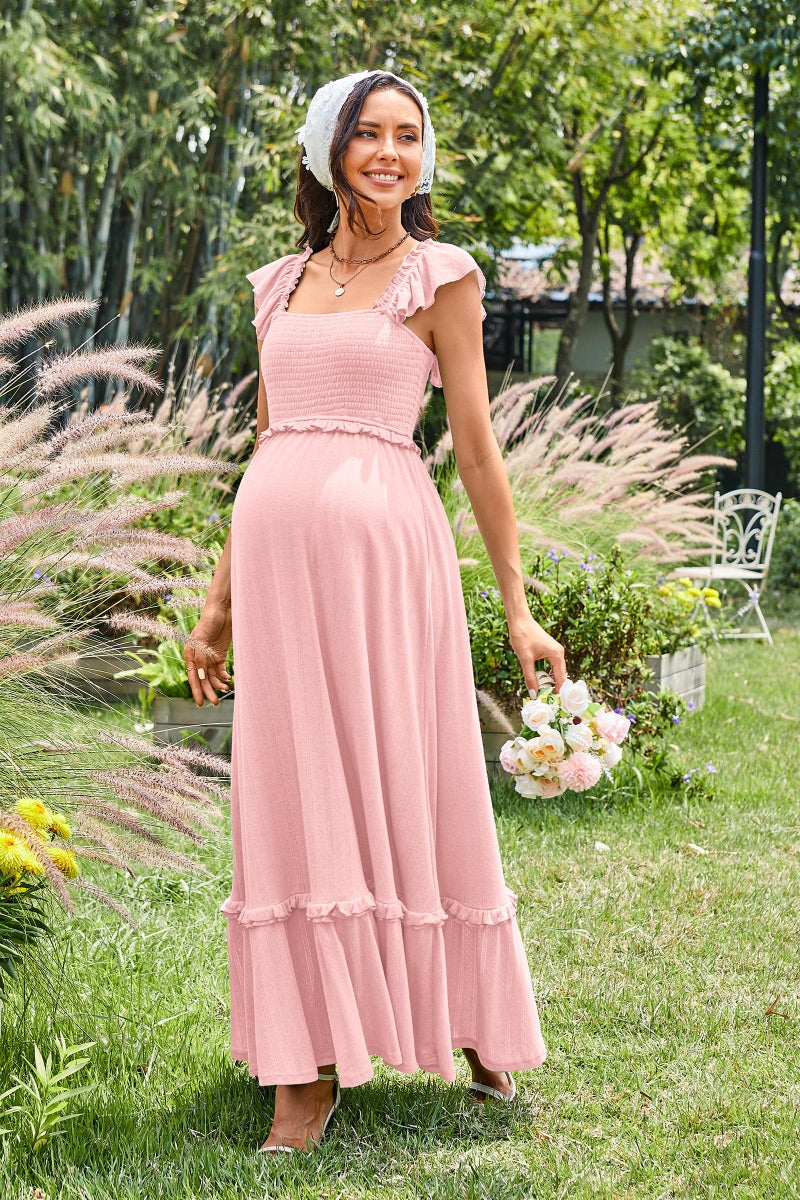 OUGES Womens 2026 Summer Maternity Baby Shower Dress Casual Boho Maxi Smocked Maternity Photoshoot Dresses Ruffle Sleeve Square Neck Gender Reveal Long Dress Pregnancy Must Have Clothes (Pink,XL) - Image 5