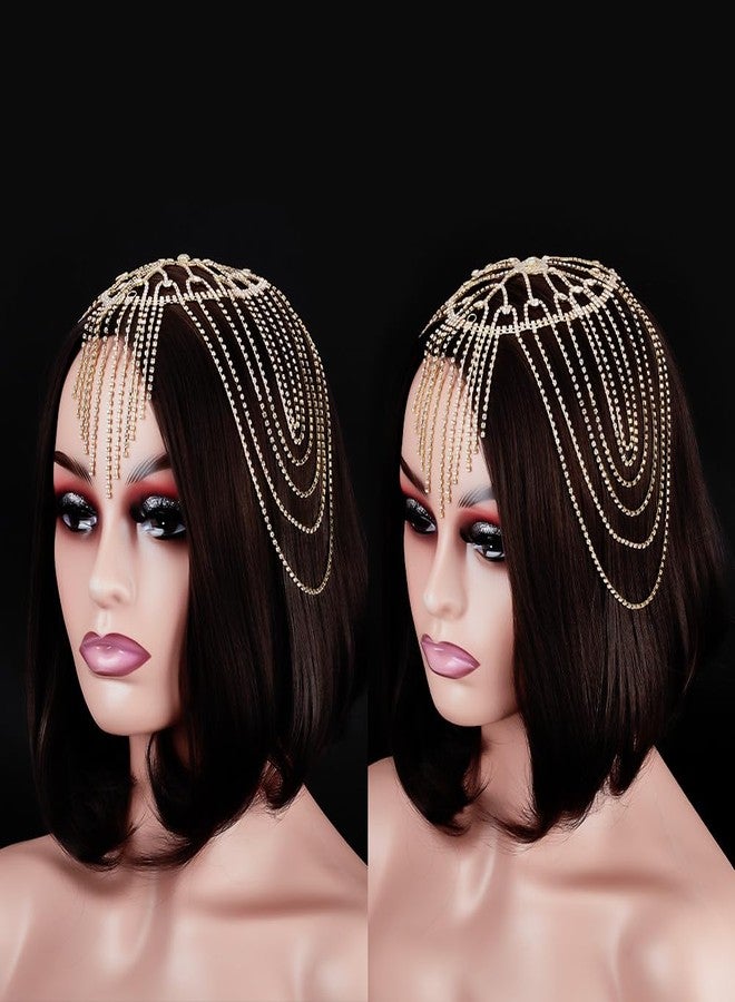 AHANDMAKER Rhinestone Flapper Headpiece Cap, Vintage Rhinestone Flapper Headpiece Accessories for Women, Women's Crystal Hairband Head Chain Hairband for Wedding Mardi Gras Halloween Party, Golden - Image 3