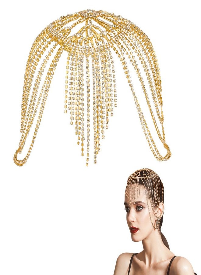 AHANDMAKER Rhinestone Flapper Headpiece Cap, Vintage Rhinestone Flapper Headpiece Accessories for Women, Women's Crystal Hairband Head Chain Hairband for Wedding Mardi Gras Halloween Party, Golden - Image 1