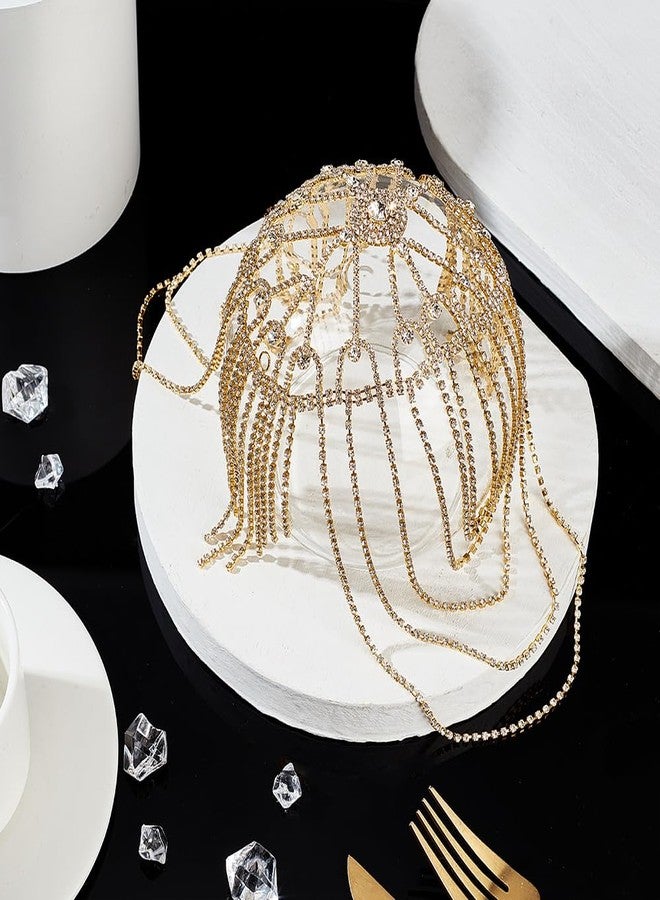 AHANDMAKER Rhinestone Flapper Headpiece Cap, Vintage Rhinestone Flapper Headpiece Accessories for Women, Women's Crystal Hairband Head Chain Hairband for Wedding Mardi Gras Halloween Party, Golden - Image 5