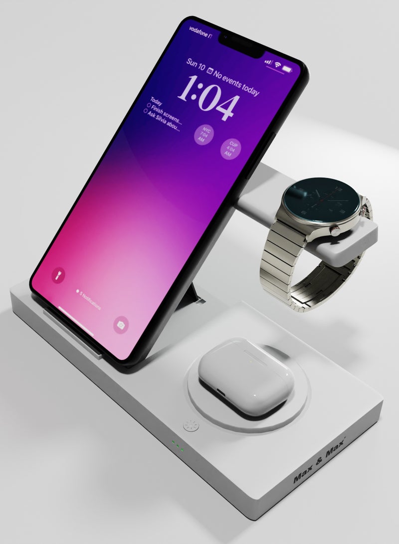 Max & Max 3-in-1 Wireless Charger Stand – Fast Charging Station for Mobile Phones, Smart Watches & Earbuds | Compact Magnetic Dock - Image 2