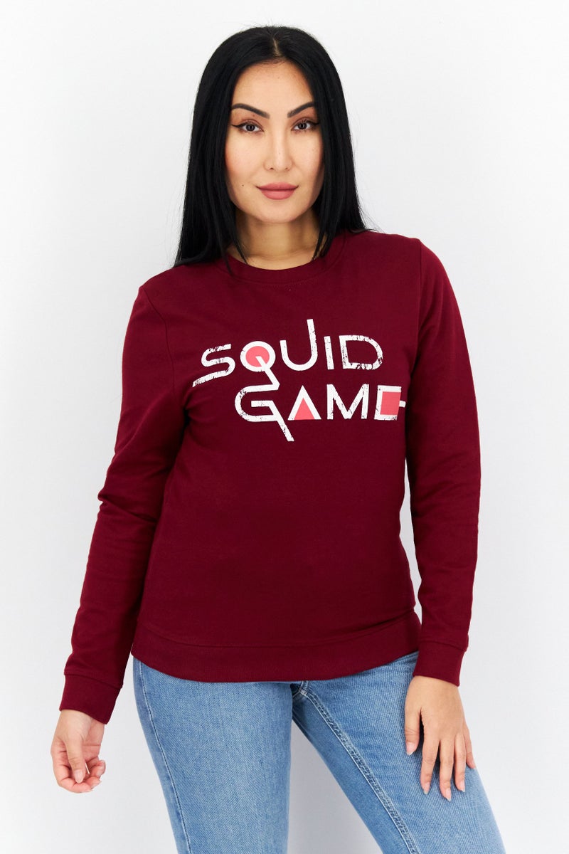 NETFLIX Women Crew Neck Squid Game Long Sleeves Sweatshirt, Maroon - Image 1