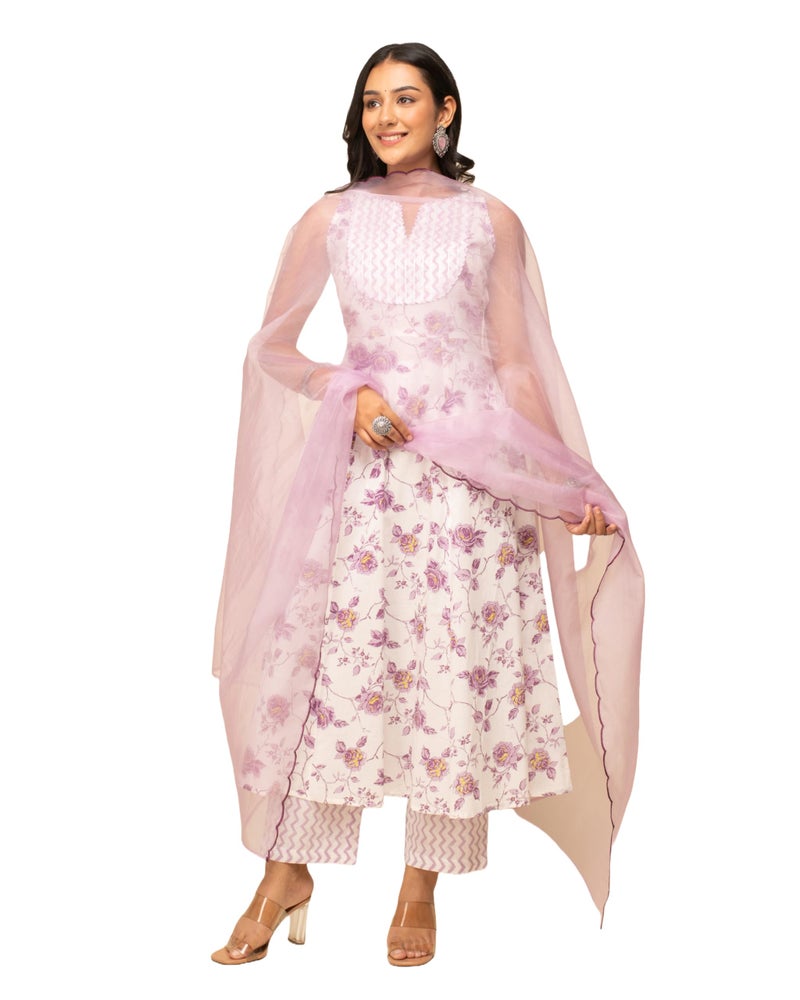FIORRA Women's White Cotton A-line Kurta with Pant and Dupatta SET0128 - Image 2