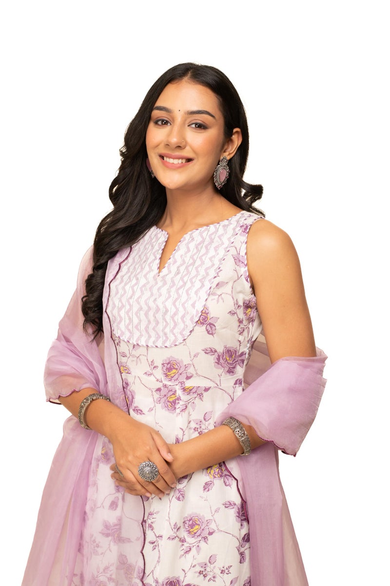 FIORRA Women's White Cotton A-line Kurta with Pant and Dupatta SET0128 - Image 4