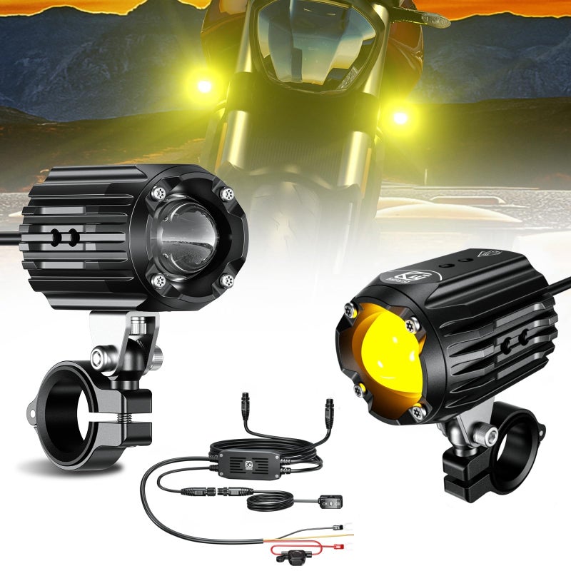 Kewig Motorcycle Auxiliary LED Light Driving Spotlights White/Amber Fog Lights with Mount Brackets Wire Harness Waterproof Offroad Work Lights Compatible with Motorcycle J-eep Car Truck 60W Driving Lamps - Image 1