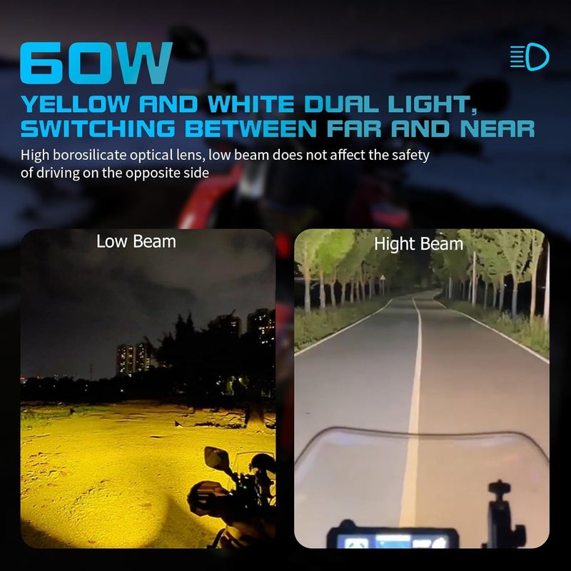 Kewig Motorcycle Auxiliary LED Light Driving Spotlights White/Amber Fog Lights with Mount Brackets Wire Harness Waterproof Offroad Work Lights Compatible with Motorcycle J-eep Car Truck 60W Driving Lamps - Image 2