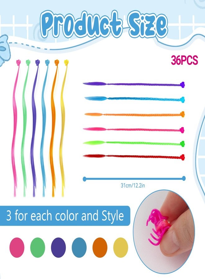 LUSTRIB 36 Pack Colored Hair Extensions for Girls, 13 Inch Clip in Hair Extensions, Polyester Fiber Colorful Hair Accessories for Party Cosplay, Braid & Straight Styles (6 Colors) - Image 2