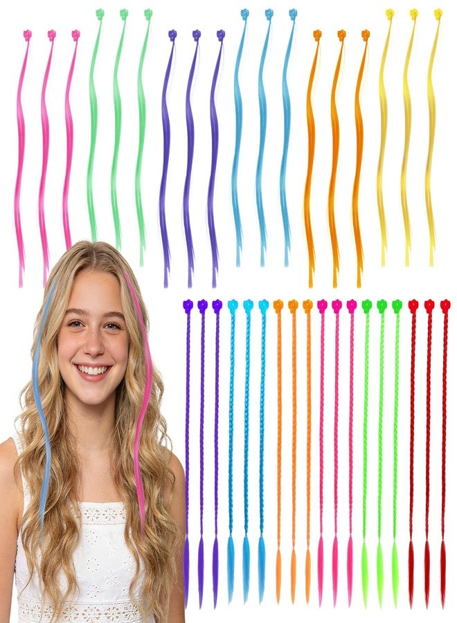 LUSTRIB 36 Pack Colored Hair Extensions for Girls, 13 Inch Clip in Hair Extensions, Polyester Fiber Colorful Hair Accessories for Party Cosplay, Braid & Straight Styles (6 Colors) - Image 1