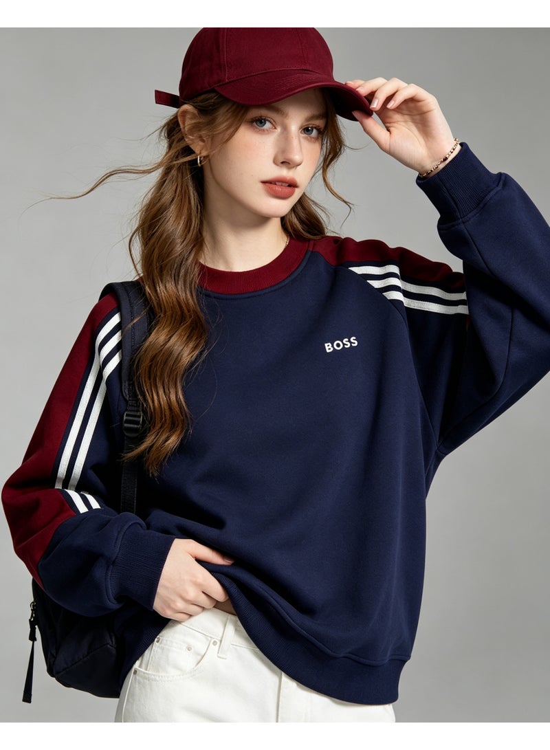 BOSS Crew Neck Sweatshirt Vintage Washed Oversized Raglan Sleeve Casual Daily Streetwear Unisex Burgundy Navy - Image 4