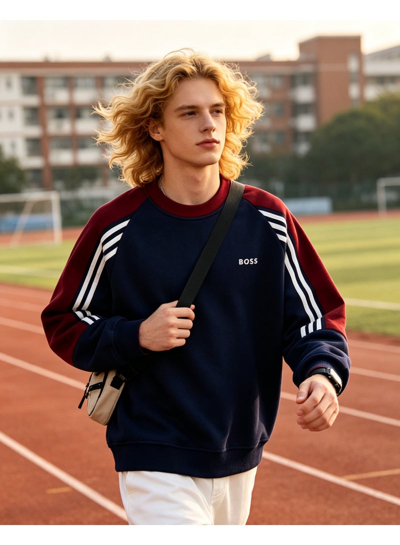 BOSS Crew Neck Sweatshirt Vintage Washed Oversized Raglan Sleeve Casual Daily Streetwear Unisex Burgundy Navy - Image 5