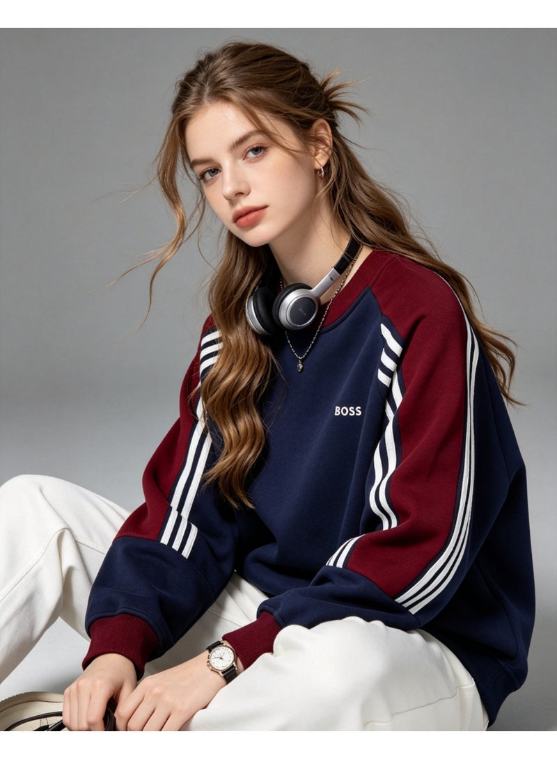 BOSS Crew Neck Sweatshirt Vintage Washed Oversized Raglan Sleeve Casual Daily Streetwear Unisex Burgundy Navy - Image 1