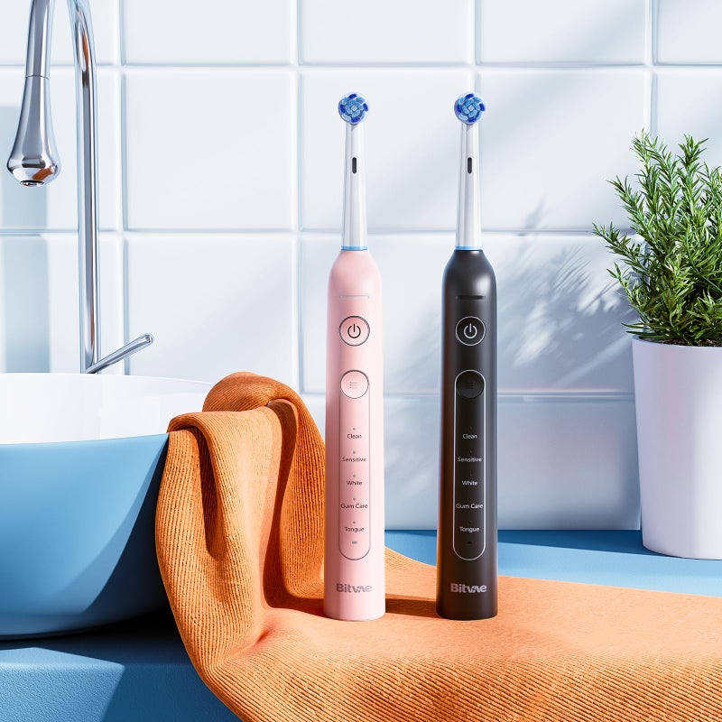 Bitvae Rotating Electric Toothbrush 2 Packs for Adults with Pressure Sensor, Gifts for Men/Women, 5 Modes Rechargeable Power Toothbrush with 8 Brush Heads, Black & Pink, R2 - Image 4
