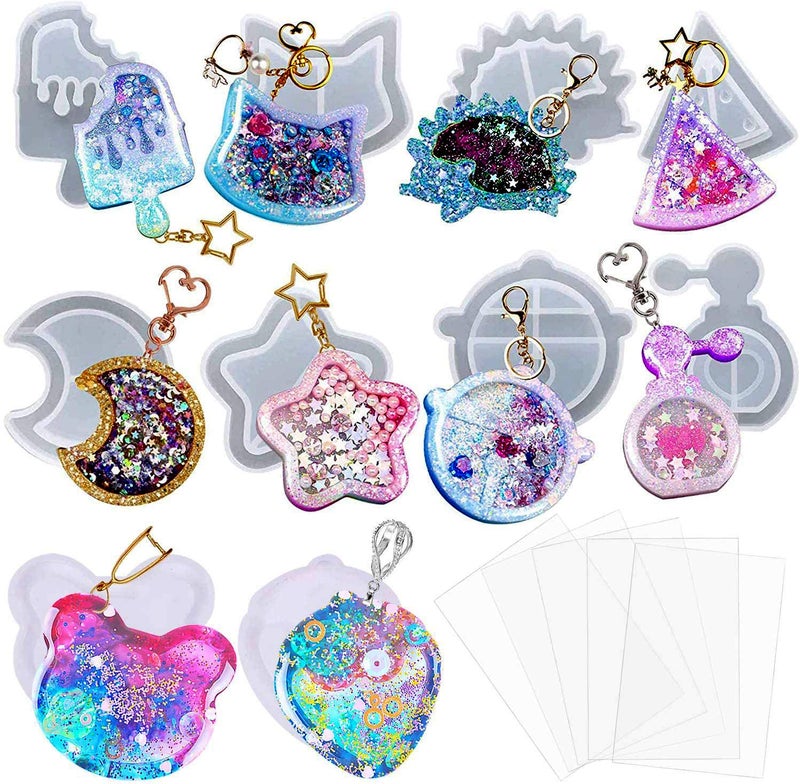 Larcenciel 15pcs Resin Casting Shaker Molds Set 10pcs Epoxy Quicksand Silicone Molds with 5pcs PVC Sheets Resin Shaker Mold for Pendant Jewelry Keychain Decoration Craft Making DIY
