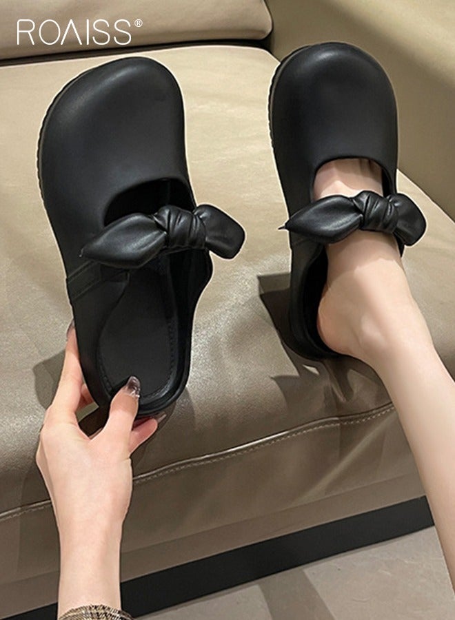 roaiss Women's Closed-Toe Slippers Comfortable Breathable Soft-Soled Loafers Slippers for Outdoor Wear Indoor Wear Non-slip Solid Color Black with Bow Decoration - Image 2