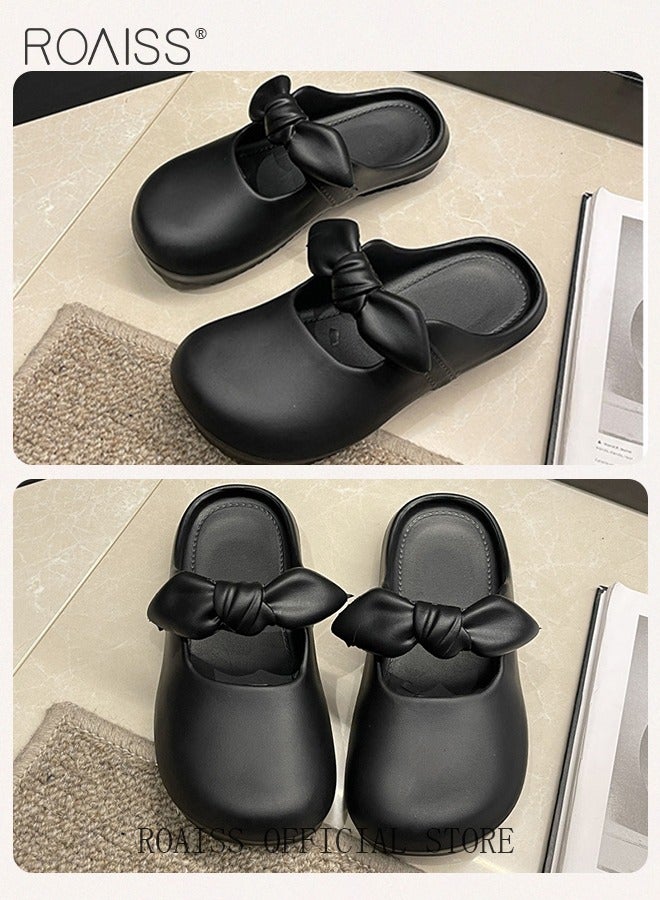 roaiss Women's Closed-Toe Slippers Comfortable Breathable Soft-Soled Loafers Slippers for Outdoor Wear Indoor Wear Non-slip Solid Color Black with Bow Decoration - Image 4