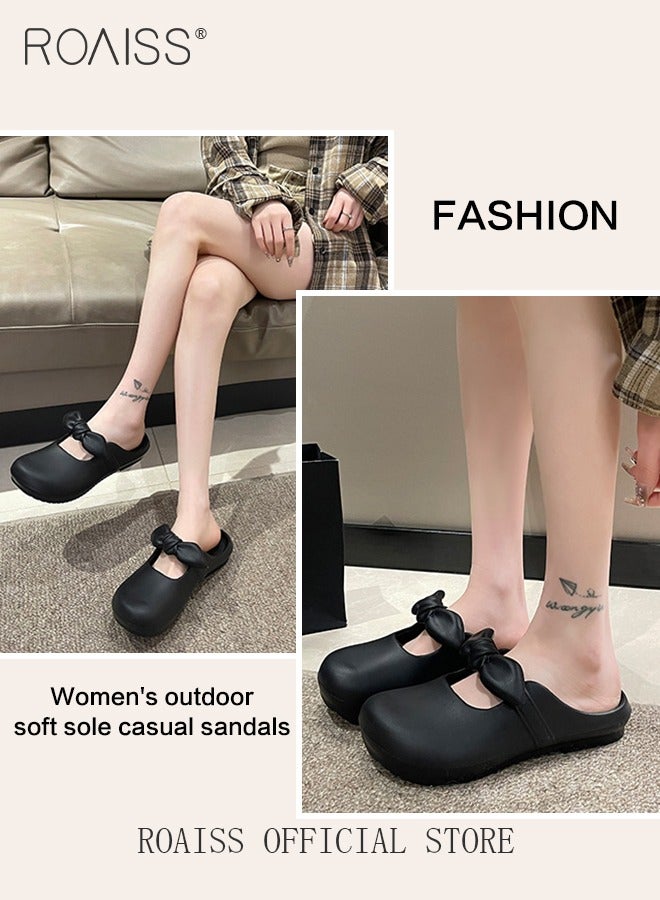 roaiss Women's Closed-Toe Slippers Comfortable Breathable Soft-Soled Loafers Slippers for Outdoor Wear Indoor Wear Non-slip Solid Color Black with Bow Decoration - Image 3