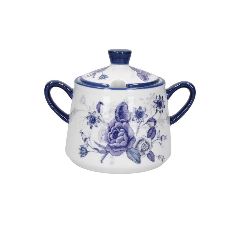 London Pottery Blue Rose Lidded Sugar Bowl Ceramic Almond IvoryBlue 13 x 8 x 10 cm