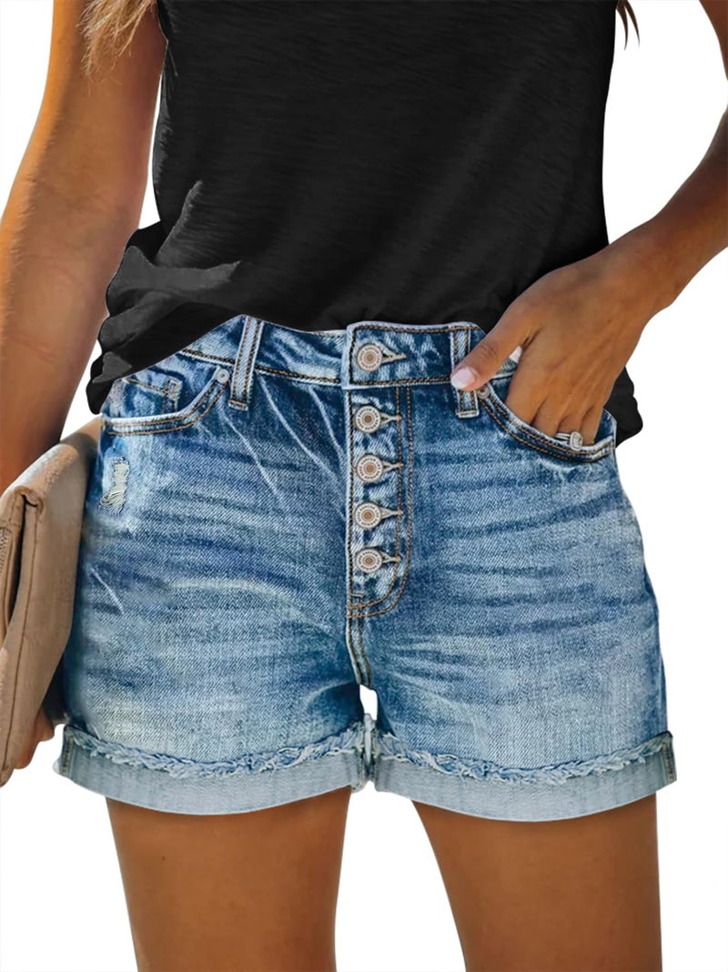 KISSMODA Denim Shorts Women Trendy Button Summer Cut Off Short Womens Jean Shorts High Waisted Denim Hot Ripped Shorts - Image 1