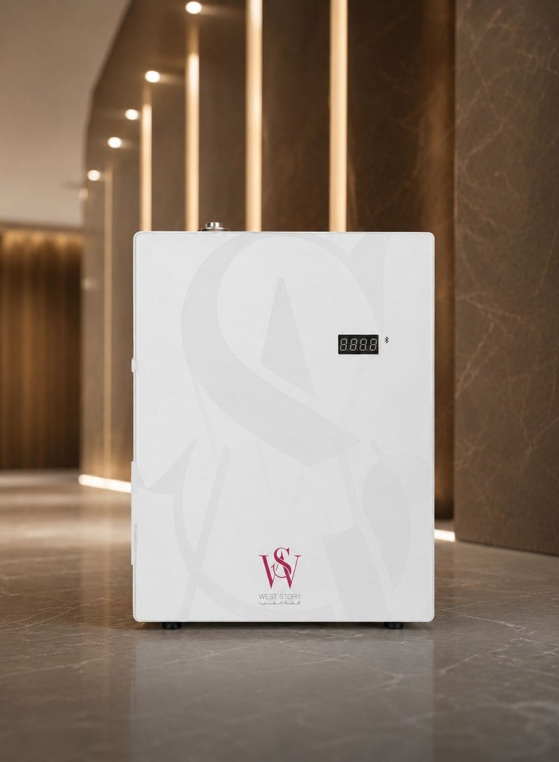 Electric fragrance device, model M1200, covers an area of ​​900 to 2000 cubic meters, suitable for large spaces. The aromatic oil container is 500 ml. The fragrance diffuser uses nano technology. It is easy to control via Bluetooth to adjust the aromatic intensity, operating hours, and operating days. There is a child safety lock. It spreads the scent evenly in the place. It can be installed on the floor, on the wall, and through air conditioning.