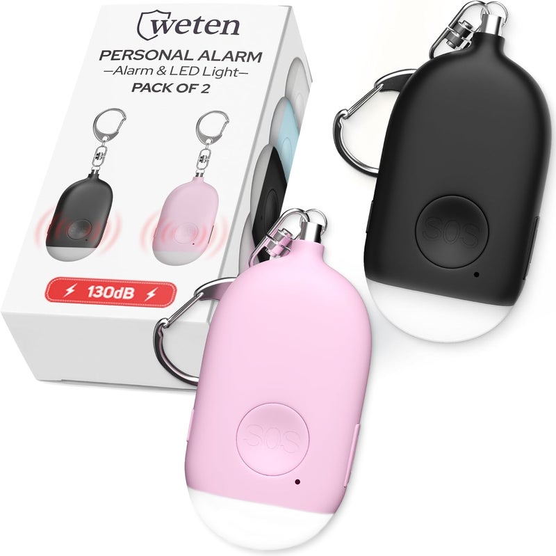 WETEN Rechargeable Personal Alarm Keychain - 130dB Siren & LED Light - 2 Pack Personal Safety Alert for Women to Carry - Panic Button Alarm for Security - Rape Whistle for Self Defense (Black&Pink) - Image 1