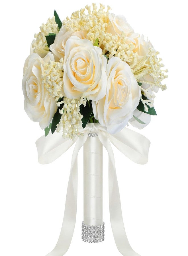 Janinka 10 Inch Large Wedding Bouquets for Bride Bridesmaid Artificial Rose Flowers Paired with Silk Ribbon and Rhinestones Bridesmaid Bouquet for Proposal Party Church Decoration(Champagne,Rose) - Image 1
