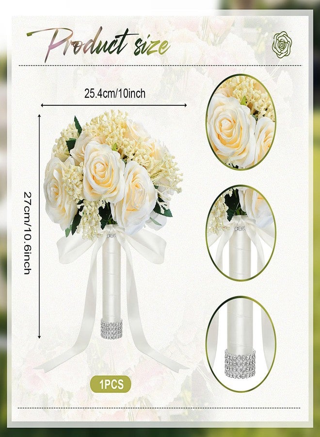 Janinka 10 Inch Large Wedding Bouquets for Bride Bridesmaid Artificial Rose Flowers Paired with Silk Ribbon and Rhinestones Bridesmaid Bouquet for Proposal Party Church Decoration(Champagne,Rose) - Image 2