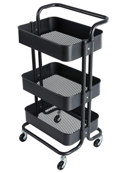 3 Tier Rolling Utility Cart With Handles And Lockable Wheels Black