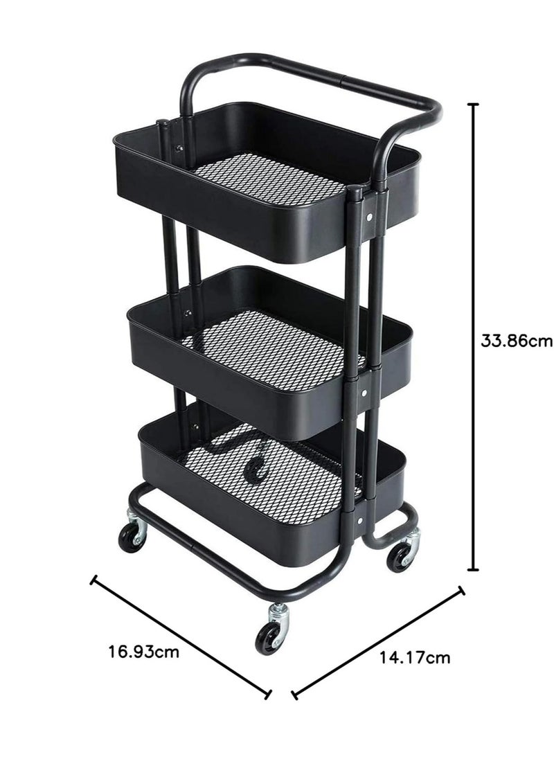 BLOOMING TIME - 3 Tier Rolling Utility Cart With Handles And Lockable Wheels Black - Image 1
