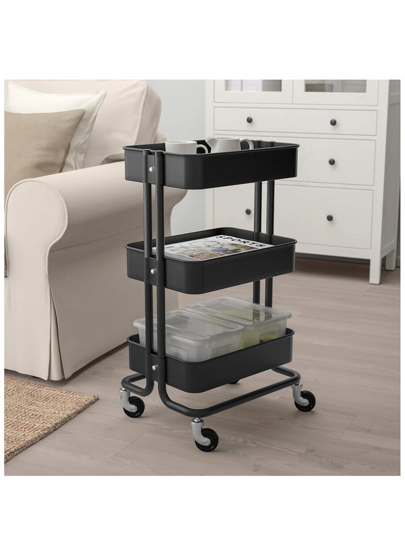 BLOOMING TIME - 3 Tier Rolling Utility Cart With Handles And Lockable Wheels Black - Image 1