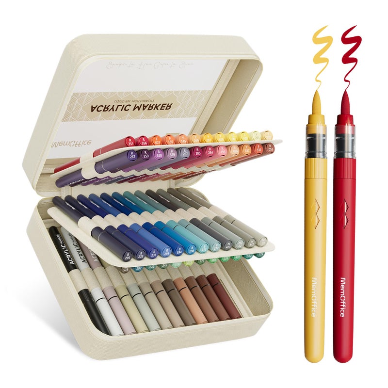 MemOffice Direct Liquid Acrylic Paint Markers, 60 Colors Brush Tip Pens with Carrying Case, No Bleed, Waterproof, for Rock, Wood, Canvas, Glass, Fabric, DIY Crafts for Adults - Image 1