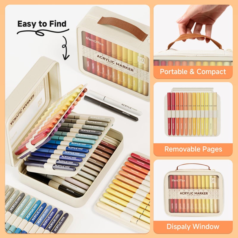MemOffice Direct Liquid Acrylic Paint Markers, 60 Colors Brush Tip Pens with Carrying Case, No Bleed, Waterproof, for Rock, Wood, Canvas, Glass, Fabric, DIY Crafts for Adults - Image 3