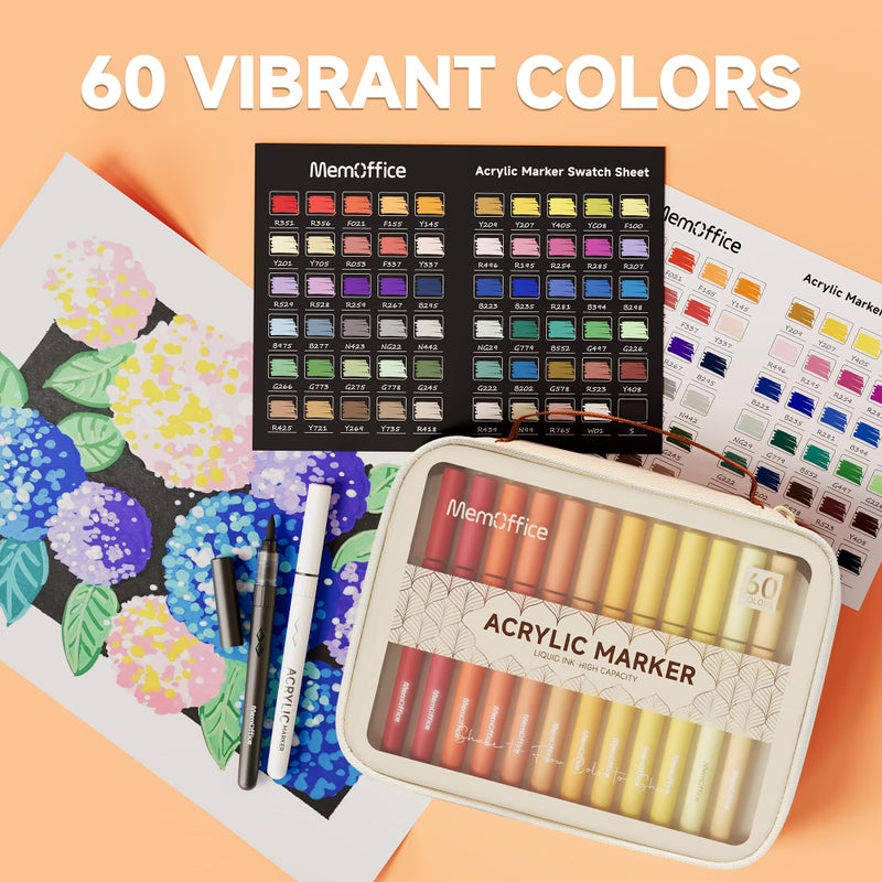 MemOffice Direct Liquid Acrylic Paint Markers, 60 Colors Brush Tip Pens with Carrying Case, No Bleed, Waterproof, for Rock, Wood, Canvas, Glass, Fabric, DIY Crafts for Adults - Image 5