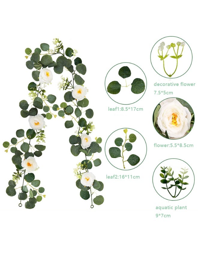 HOMESTAR 2Pcs Eucalyptus Garland with Flowers-6 Champagne Roses-Lush,Natural Looking, Floral Garland Greenery Garland for Party Wedding Table Indoor Outdoor Backdrop Wall Decor - Image 1