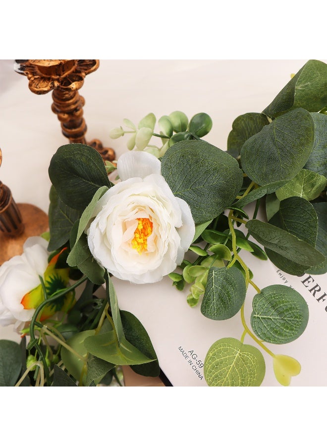 HOMESTAR 2Pcs Eucalyptus Garland with Flowers-6 Champagne Roses-Lush,Natural Looking, Floral Garland Greenery Garland for Party Wedding Table Indoor Outdoor Backdrop Wall Decor - Image 2