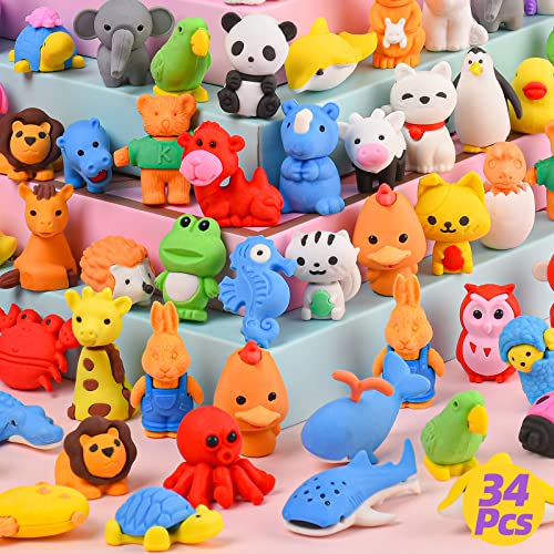 Kaemi 34Pcs Animal Erasers Kids Desk Pets Bulk 5D Puzzle Erasers Take Apart Toys for Party Favors Treasure Box Games - Image 1